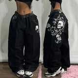 Ouzey Street Fashion New Oversized Skull Print Baggy Jeans Women Y2K Harajuku Vintage Gothic High Waist Casual Wide-leg Pants Trousers