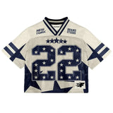 Ouzey Summer Fashion Retro Mesh Surface Splicing Printed T-Shirts Casual Street Sports Rugby Stripe Jersey Loose Couple Tops
