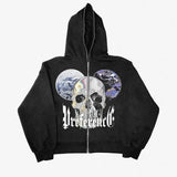 Ouzey Goth Skull Print Hoodies Women High Street Harajuku Vintage Zip Up Hoodie Loose Casual Women Clothing Sweatshirt Clothes Tops