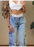 Ouzey-American Vintage Women Cargo Pants Low Waist Straight Fake Zippers Multis Pockets Baggy Jeans Y2K Blue Aesthetic Old Trousers