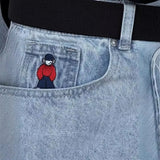 Ouzey Hip Hop Pocket Jeans Y2K Clothes Men Women Harajuku Gothic Anime Cartoon Embroidery Retro Blue Baggy Jeans Wide Leg Trousers