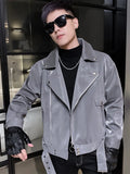 Ouzey Spring Autumn Cool Black Shiny Reflective Patent Pu Leather Biker Jacket Men Belt Zipper Plus Size European Fashion