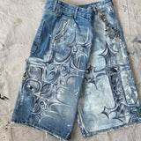 Ouzey Gothic Trend New Hand-painted Cross Printed Short Jeans Men's Loose Straight Five-point Jeans Street Hip-hop Rap Y2K Shorts