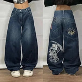 Ouzey Y2K Baggy Jeans Streetwear Womens Hip Hop Skull Graphic Jeans Black Pants New Harajuku Gothic High Waisted Wide Leg Trousers