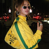 Ouzey 2000s Retro Grunge Gothic Jacket Coat Y2K Aesthetic Vintage Yellow Sweatshirts Letter Embroidery Graphic Pattern Zip Up Coat