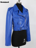 Ouzey Spring Short Blue Lightweight Soft Pu Leather Moto & Biker Jacket Women Zipper Belt Long Sleeve Fall Clothes 2025