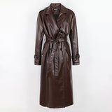 Ouzey Spring Long Loose Black Silver Soft Faux Leather Trench Coat for Women Sashes Double Breasted Leather Overcoat 2025