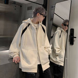 Ouzey Large size contrasting color hooded cardigan sweatshirt men's autumn high street handsome loose versatile design coat y2k tops