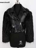 Ouzey Winter Short Thickened Warm Soft Fluffy Black Patchwork Pu Leather Biker Jacket with Faux Fur Inside and Sleeves