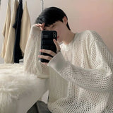 Ouzey White Round Neck Hollow Sweater Men 2024 Autumn Trendy Brand Holed Line Clothes Vintage Versatile Loose Fit Knitted Top