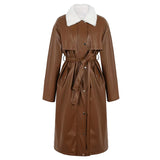 Ouzey Winter Long Warm Thickened Warm Soft Brown Pu Leather Coat Women with White Faux Fur Inside Loose Korean Fashion