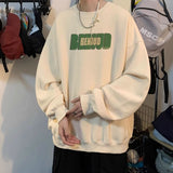 Ouzey Milk green letter print Hong Kong style sweatshirt men's trendy hoodless autumn and winter American retro jacket large size tops