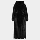 Ouzey Autumn Winter Extra Long Thick Warm Black Soft Fluffy Faux Fur Coat Women with Hood Sashes Scallop Hem Maxi Furry Overcoat 2025