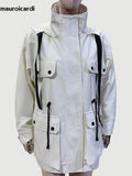 Ouzey Spring Autumn Cool Windproof White Windbreaker Women with Drawstring Hood Many Pockets Zip Up Chic Cargo Jacket 2025