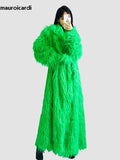 Ouzey Winter Extra Long Oversized Bright Green Colored Hairy Thick Warm Soft Shaggy Faux Mongolian Fur Coat Women Sashes