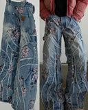 Ouzey dandys world Japanese Harajuku Cherry Blossom Embroidery Holes Retro Blue Jeans Female Y2K New Harajuku Hip Hop Gothic Joker Wide-Leg Pants