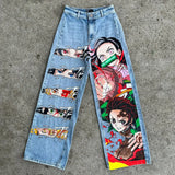 Ouzey Harajuku y2k baggy jeans blue eyes white dragon print wide leg denim pants popular anime jeans streetwear trouser men clothing