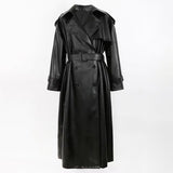 Ouzey Spring Autumn Long Oversized Black Pu Leather Trench Coat for Women Belt Double Breasted Loose Casual Maxi Overcoat