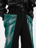 Ouzey Spring Autumn Cool Long Loose Casual Green and Black Patchwork Pu Leather Pants Men Straight Trousers Fashions 2025