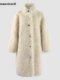 Ouzey Spring Winter Long Windproof Oversized Fuzzy Thick Warm Soft Fluffy Faux Fur Coat Women Stand Collar Furry Overcoat