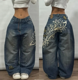 Ouzey dandys world PROTECT Streetwear Jeans Y2K Mens Pants Harajuku Hip Hop Letter Embroidery Vintage Blue Baggy Jeans High Waist Wide Leg Trouser