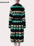 Ouzey Winter Long Striped Colorful Thick Warm Fluffy Pu Leather Patchwork Faux Fur Coat Women Luxury Designer Clothes