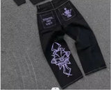 Ouzey Streetwear Skull Pocket Embroidered Jeans Y2K Hip Hop Retro Baggy Jeans Black Pants Mens Punk Rock Low Rise Wide Leg Trousers