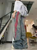 Ouzey dandys world Harajuku hip-hop red striped splicing design oversized high-waisted jeans women y2k street aesthetic popular straight baggy pant