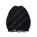 Ouzey 2024 Autumn New Niche Pullover Round Neck Long Sleeve Design Sensibility Irregular Hole Top Black Sweater Men Casual