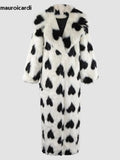 Ouzey Autumn Winter Thick Warm Colorful Fluffy Heart Printed Maxi Faux Fur Coat Women Sashes Luxury Designer Clothes 2025