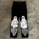 Ouzey 90s Streetwear Ghost Graphic Jeans Printed Oversized Harajuku Gothic Y2k Black Jeans Men and Women Casual Straight Pants New Style Hot Sale