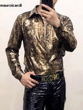 Ouzey Spring Autumn Cool Sexy Fitted Shiny Stretchy Colorful Snake Print Faux Leather Shirt Jacket Men Emo Clothes 2025