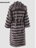 Ouzey Winter Maxi Colorful Thick Warm Striped Soft Faux Chinchilla Fur Coat Women Elegant Luxury Chic Furry Overcoat 2025