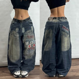 Ouzey 2024 Cross-border New American Retro Washed Jeans Ladies Y2K Street Fashion Loose Young Wide-leg Heavy Industry Straight Jeans