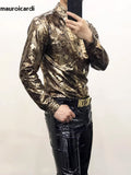 Ouzey Spring Autumn Cool Sexy Fitted Shiny Stretchy Colorful Snake Print Faux Leather Shirt Jacket Men Emo Clothes 2025