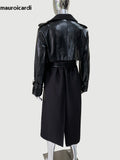 Ouzey Spring Autumn Long Black Faux Leather Patchwork Trench Coat Men Shoulder Pads Double Breasted Runway Fashion 2025