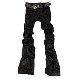 Ouzey Spring Autumn Long Fitted Skinny Matte Black Pu Leather Ruched Stacked Pants Men Luxury Designer Clothing Trousers