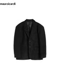 Ouzey Spring Autumn Oversized Casual Stylish Black Woolen Blazers for Men Shoulder Pads Long Sleeve Loose Korean Fashion