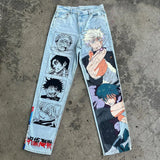 Ouzey Harajuku y2k baggy jeans blue eyes white dragon print wide leg denim pants popular anime jeans streetwear trouser men clothing