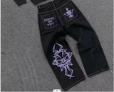 Ouzey 90s Streetwear Y2K Women Pants Gothic Punk Hip Hop American Embroidered Pockets Sequins Rhinestones Retro Blue Jeans Sexy Slim High Waist Pants