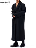 Ouzey Autumn Winter Long Oversized Black Woolen Trench Coat Men Shoulder Pads Single Breasted Luxury Cocoon Overcoat 2025