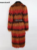 Ouzey Winter Long Colorful Striped Thick Warm Pu Leather Patchwork Faux Fur Coat Women Shaggy Hairy Fluffy Overcoat 2025