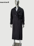 Ouzey Spring Autumn Long Black Hard Waterproof Trench Coat for Women Belt Double Breasted Loose  Casual Luxury Overcoat