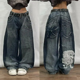 Ouzey Street Pop Multi-Pocket Washed Light Blue Jeans Female Y2k New Harajuku Retro High Street Punk High Waist Jeans Are Unisex