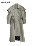 Ouzey Spring Long Oversized Elegant Ruffled Trench Coat for Women Double Breasted Luxury Designer Overcoat Runway Fashion