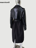 Ouzey Spring Autumn Long Black Faux Leather Patchwork Trench Coat Men Shoulder Pads Double Breasted Runway Fashion 2025