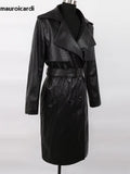 Ouzey Spring Long Matte Black Crocodile Print Pu Leather Trench Coat for Women with Belt Loose Casual Korean Fashion 2025