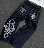 Ouzey Street Retro Loose Oversized Letter Embroidered Jeans Men and Women 2025 Denim Hip Hop Y2K Goth Wide Leg Straight Pants