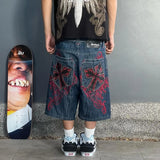 Ouzey Y2K Denim Capris New Gothic Retro Cross Graphic Embroidered Shorts Harajuku Hip Hop High Waist Casual Dark Blue Shorts Men Women