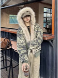 Ouzey dandys world American Fashion Camouflage Plush Hat Jacket Coat Y2K High Street Hip hop Harajuku Loose Women Make Hoodies Fashion Streetwear